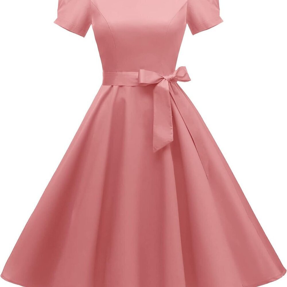 Women's Vintage 1950s Pink Cotton Spandex Cocktail Dress Puff Sleeves